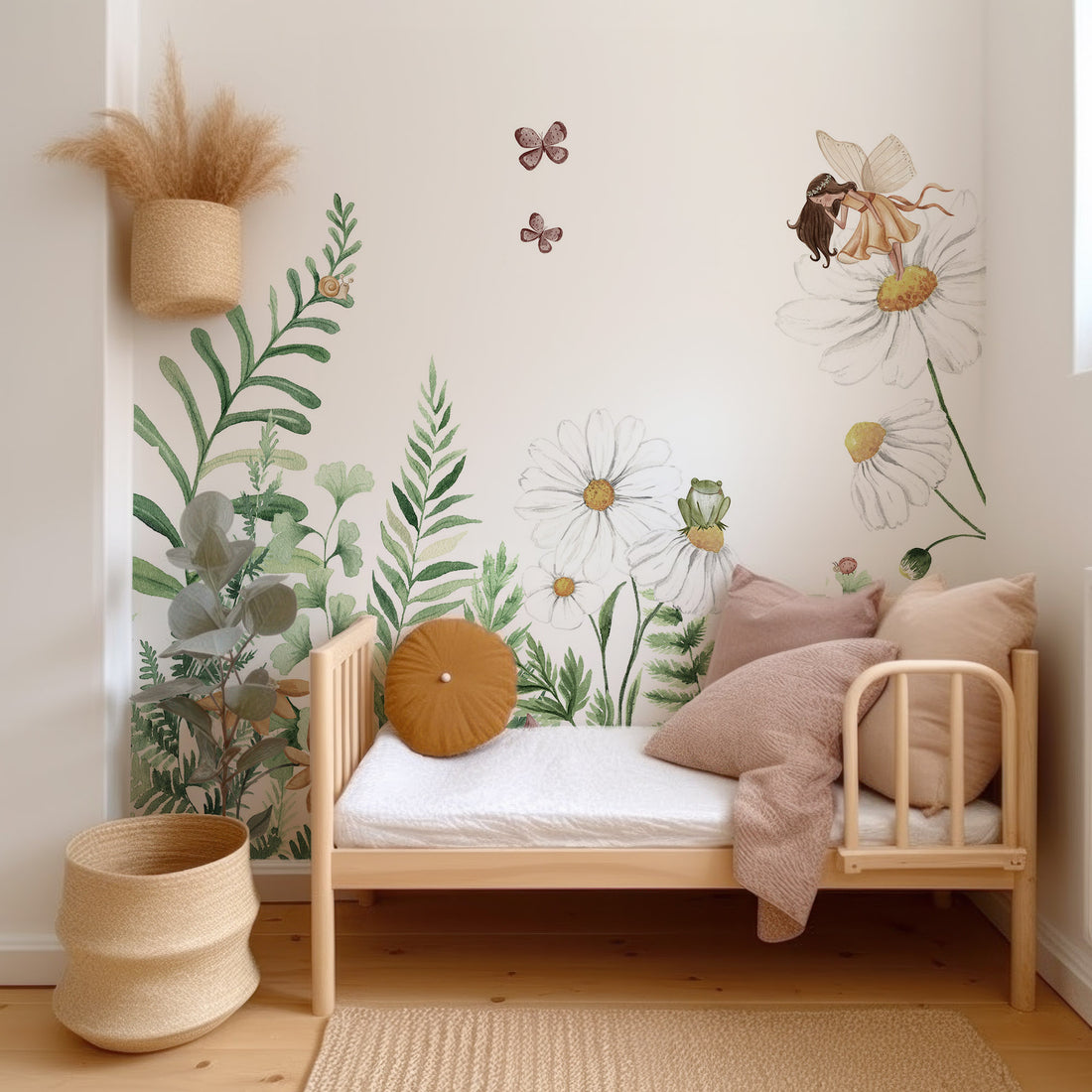 Papier Peint Fresque Illustration Aquarelle Fleurs et Fées Magiques - Removable Vinyl (Peel & Stick)