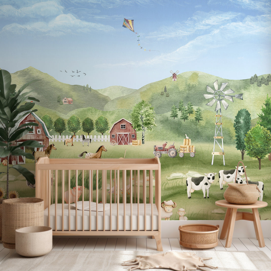 Papier Peint Panoramique Aquarelle avec Animaux de la Ferme - Removable Wallpaper (Peel & Stick)