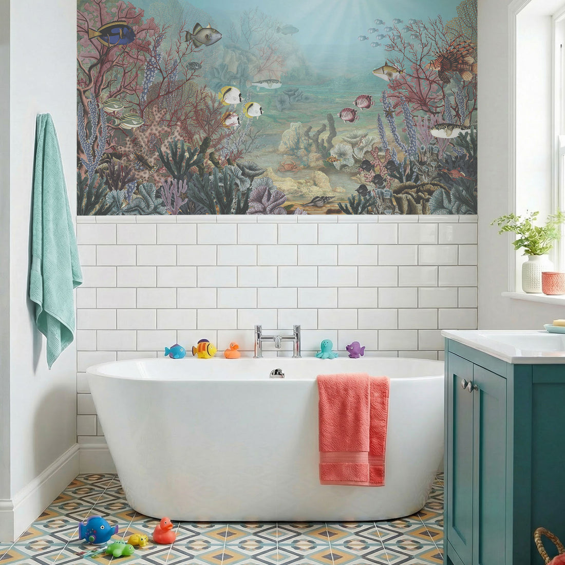 Papier Peint Scène Aquarelle Sous-Marine Poissons et Corail - Traditional Wallpaper (Paste-the-wall)