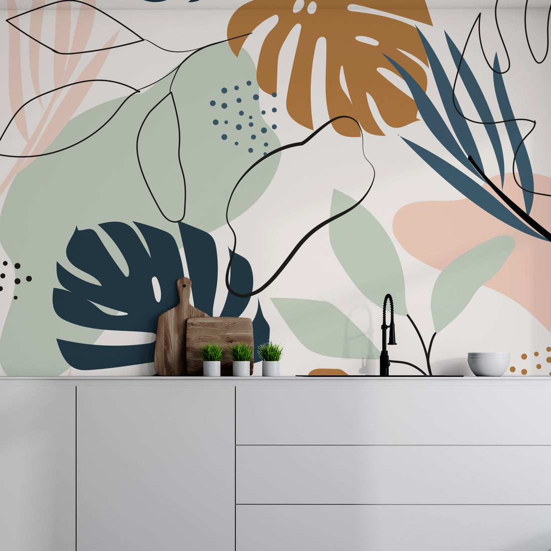 Papier Peint Panoramique de Feuilles Tropicales aux Tons Modernes - Removable Wallpaper (Peel & Stick)