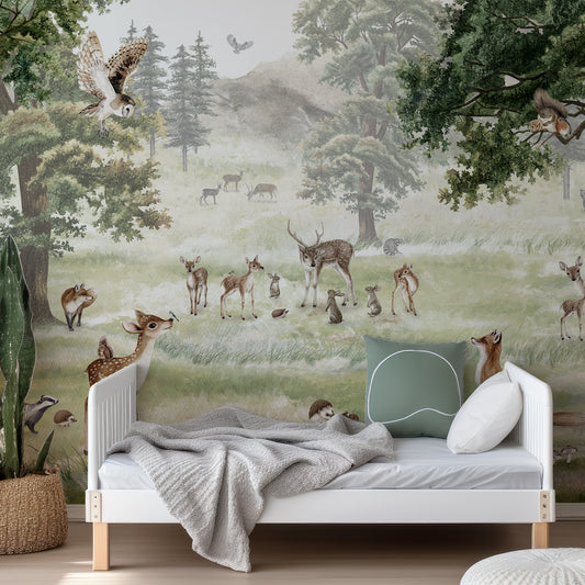Forest Fun Wallpaper In Child's Bedroom With Green Bedding With White Bed And White Bed Frame