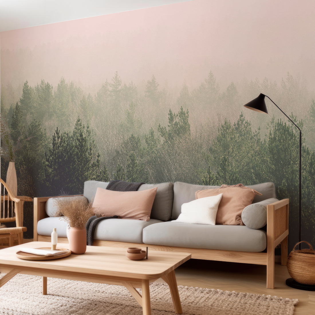Fond d'écran panoramique atmosphérique brumeux Forêt de pins - Removable Wallpaper (Peel & Stick)