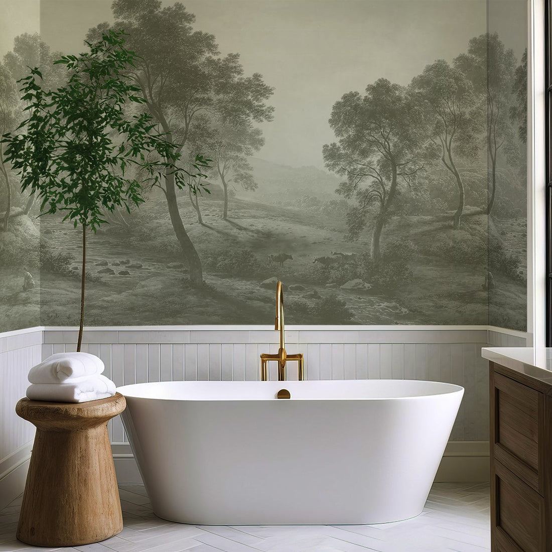 Papier peint mural représentant un paysage de forêt aux verts doux - Removable Vinyl (Peel & Stick)