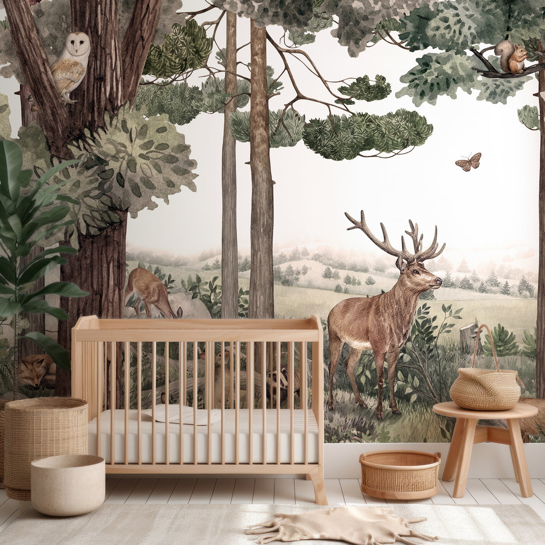Papier peint mural pour enfants avec animaux et arbres des bois marron - Traditional Wallpaper (Paste-the-wall)