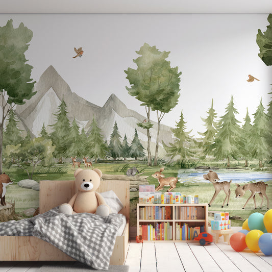 Forest Joy Wallpaper In Child's Bedroom With Wooden Bed, Big Teddy Bear And Bookshelf With Balloons