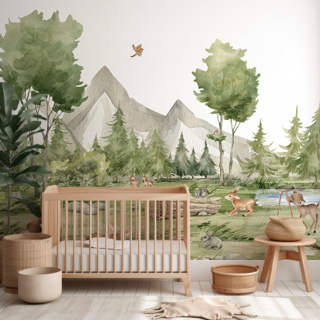 Papier Peint Panoramique Forêt Aquarelle Verte - Removable Wallpaper (Peel & Stick)