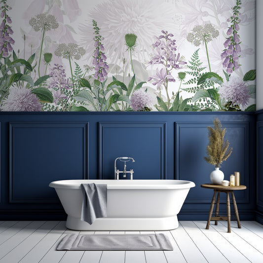 Foxglove Flowers In Bathroom With Half Navy Panelled Wall and White Wall As Well As Bathtub