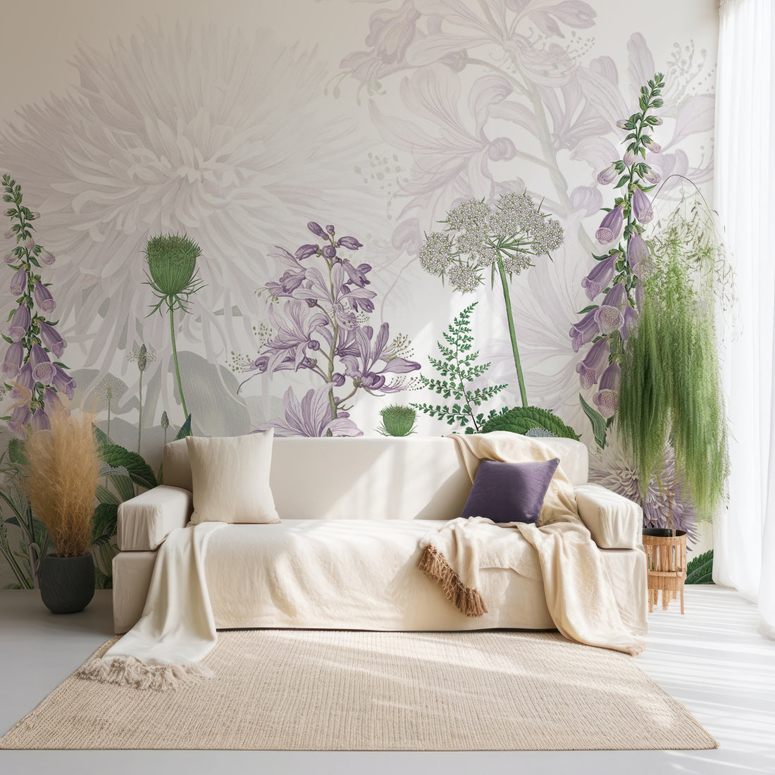 Papier peint panoramique fleurs renardes aquarelle mauve - Removable Vinyl (Peel & Stick)