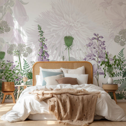 Foxglove Flowers In Wooden Bed With White Bedding With Beige Blankets And Green Plants Either Side