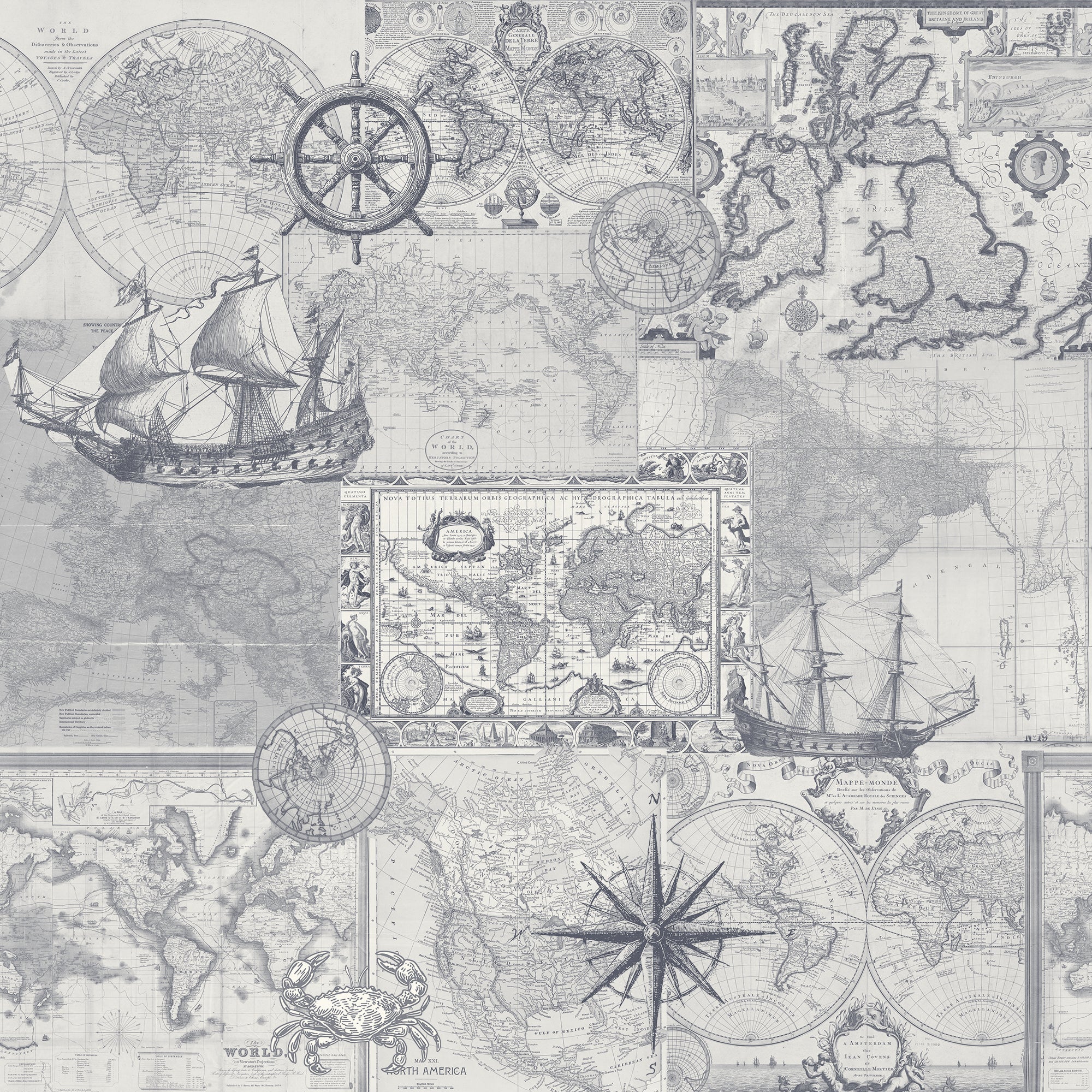 Vintage-style world map with ships and compasses on a gray background