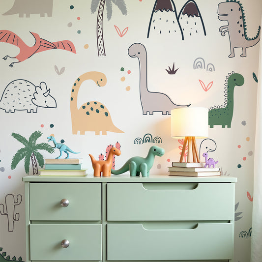 Gallines with pastel green chest of drawers and dinosaur toys