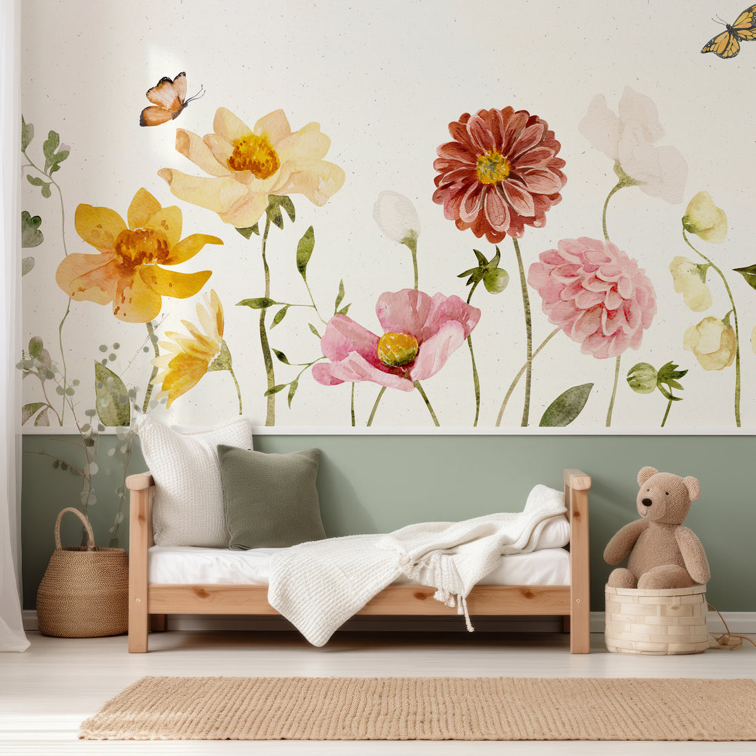 Fleurs Aquarelles Chaudes et Colorées Papier Peint - Removable Wallpaper (Peel & Stick)
