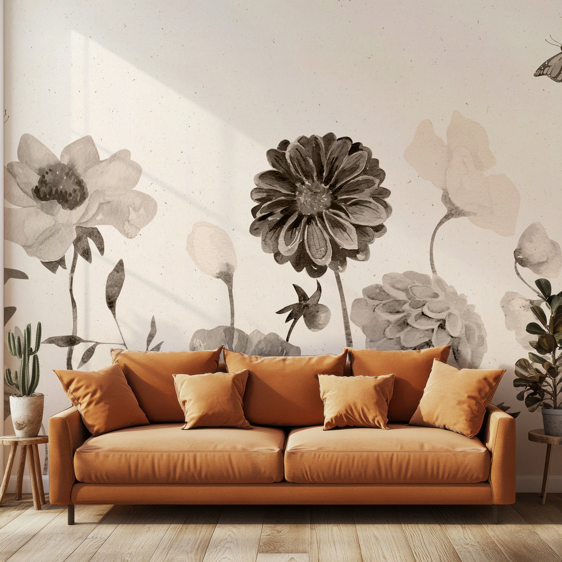 Papier Peint Panoramique Monochromes Aquarelle Fleurs - Removable Vinyl (Peel & Stick)