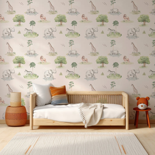 Geo Wild Wallpaper In Child's Bedroom With Wooden Bed And White Bedding With Orange & Blue Interior