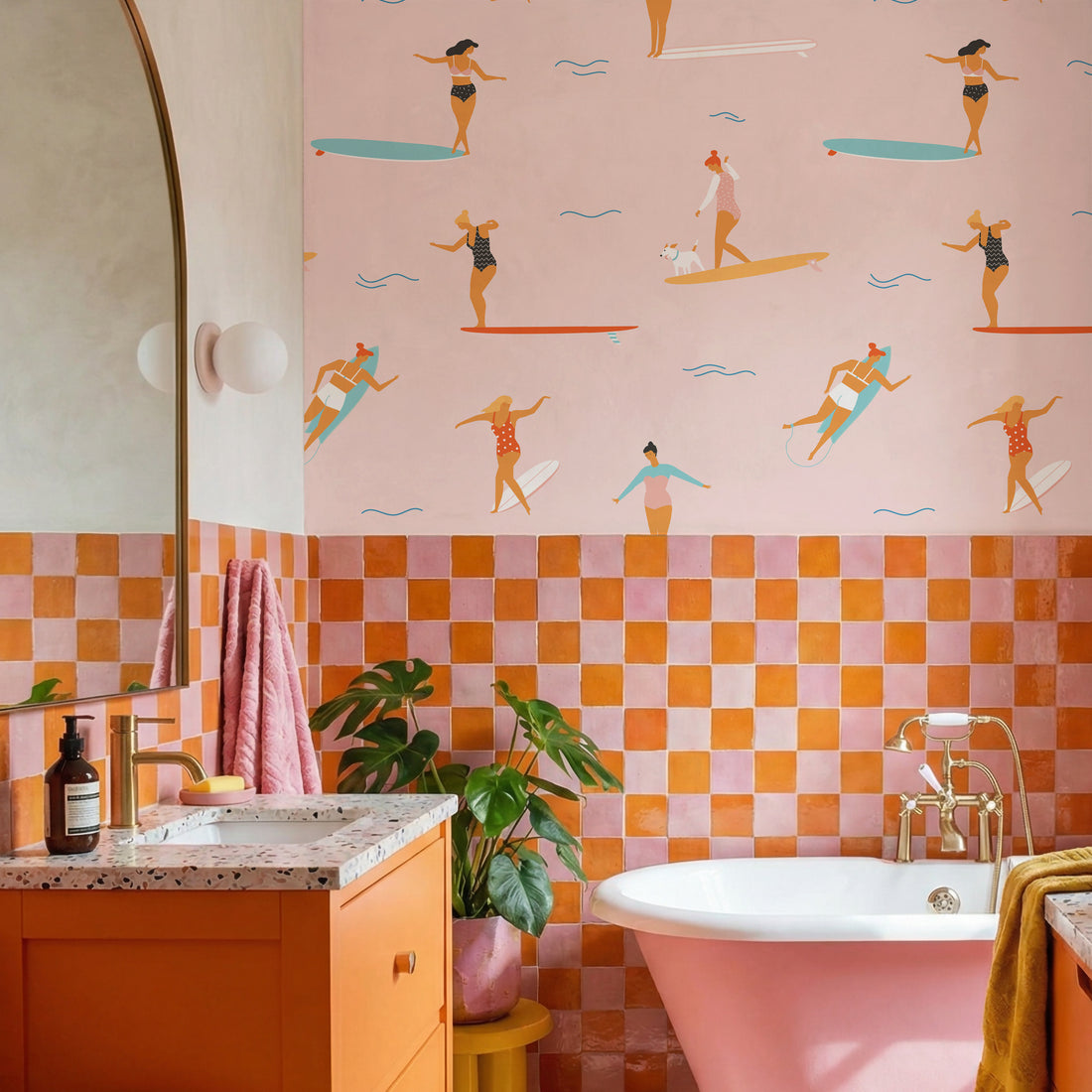 Papier Peint Fresque Motif Doodle de Surfeurs Hawaïens - Removable Wallpaper (Peel & Stick)