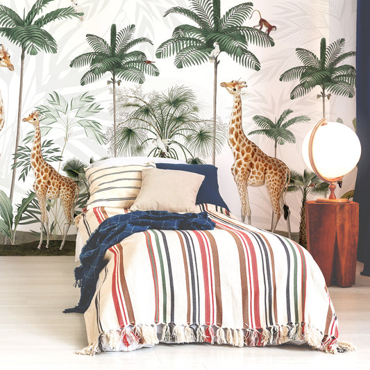Gracious Giraffes Wallpaper In Bedroom With Single Stripy Bed