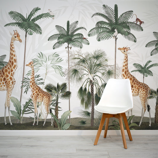 Gracious Giraffes Wallpaper In Room With White Chair