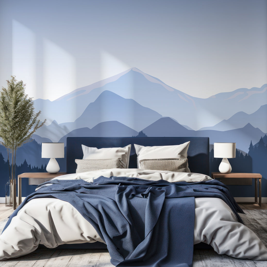 Papier Peint Panoramique Illustration Vue sur Montagne Bleue - Traditional Wallpaper (Paste-the-wall)