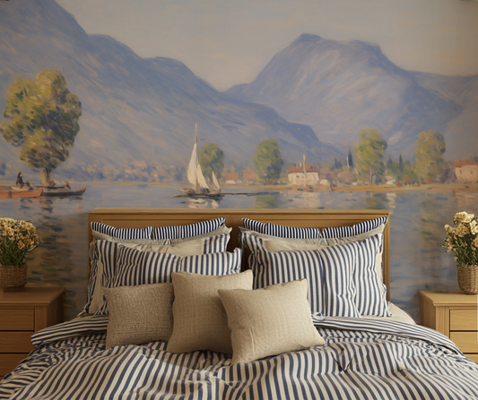 A cottage core bed with striped bedding against a serene lake painting scene 