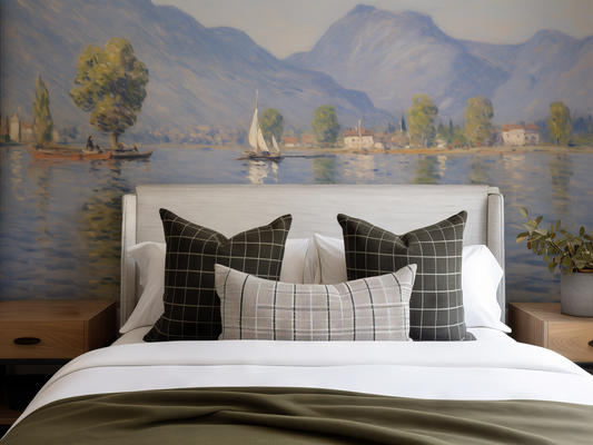 Green neutral bed against a lake painting scene wallpaper 