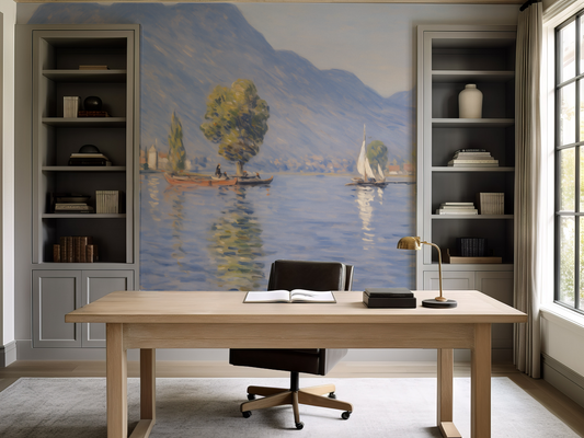 Elegant office with a lake painting wallpaper 