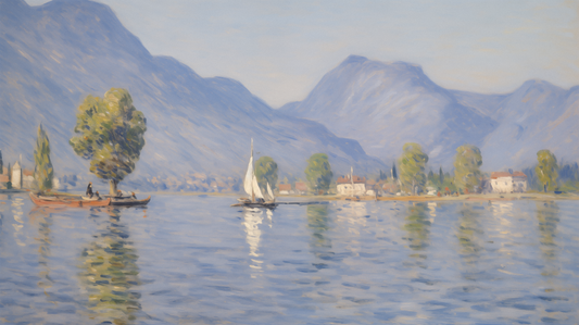 Gwen Wallpaper Painting of a lake scene with mountains, trees, and boats.
