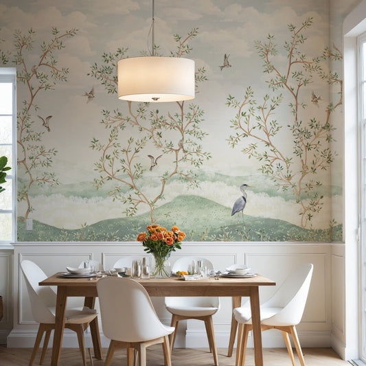 Dining room with a table and chairs against a wall with nature-themed wallpaper.