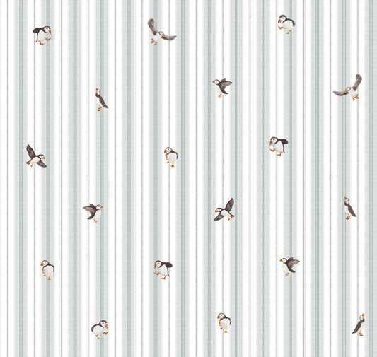Pattern of small puffins on a striped background
