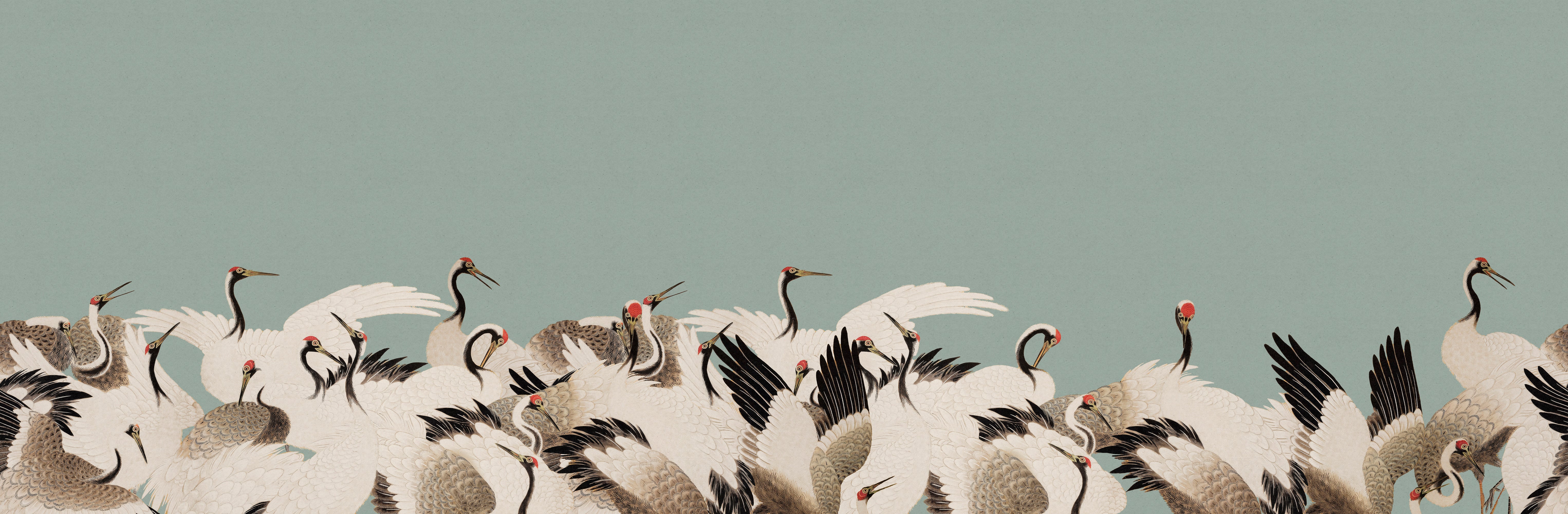 Haruka – Papier peint panoramique vintage bleu à motif de grues japonaises