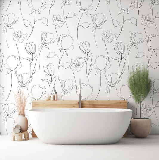 Inked Florals In Bathroom With White Bathtub And Green Beige Plants