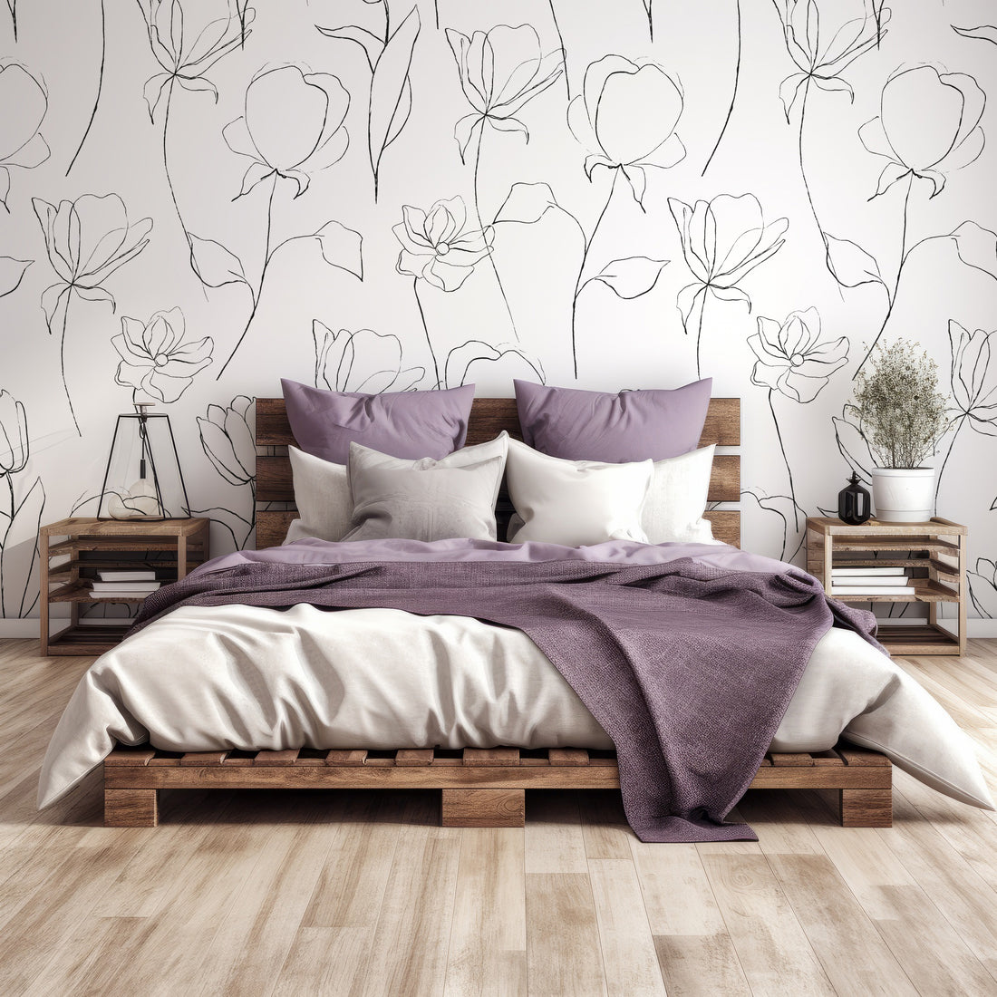 Motifs de Fleurs Croquis Monochromes - Removable Vinyl (Peel & Stick)