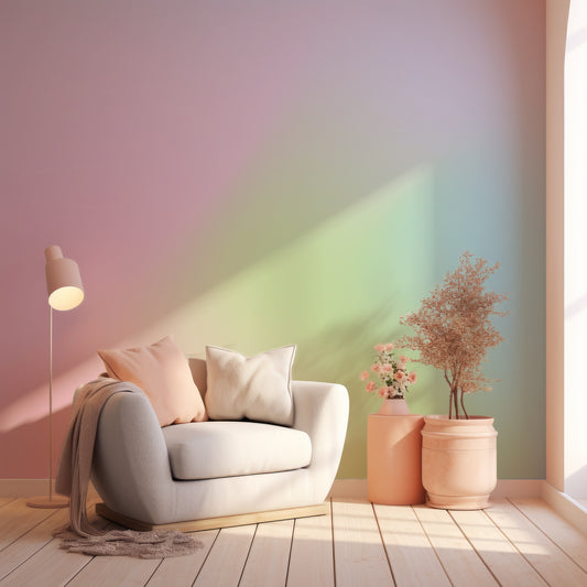 Iridescent Rainbow Dreams In Room With Grey Chair With Pastel Cushion, Lights And Vases With Flowers & Plants