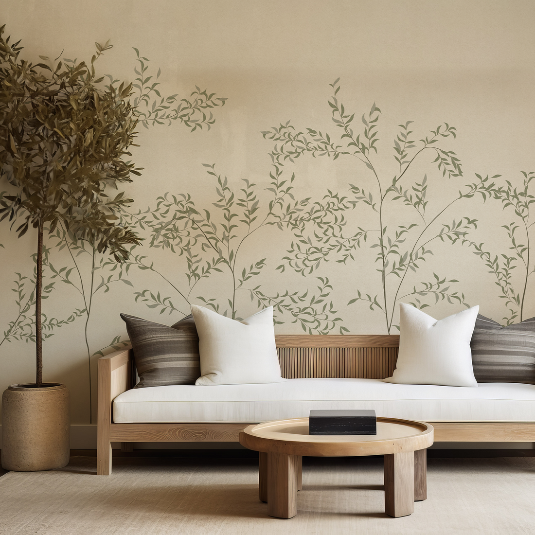 Papier peint mural simple vert avec jardin de saules - Traditional Wallpaper (Paste-the-wall)