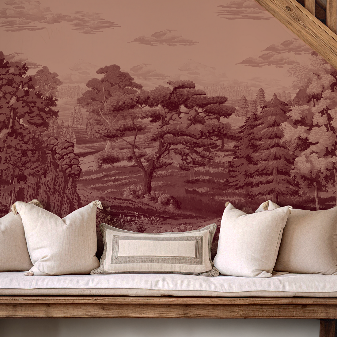 Papier peint mural représentant un paysage champêtre rose poudré aux teintes chaudes et douces. - Traditional Wallpaper (Paste-the-wall)