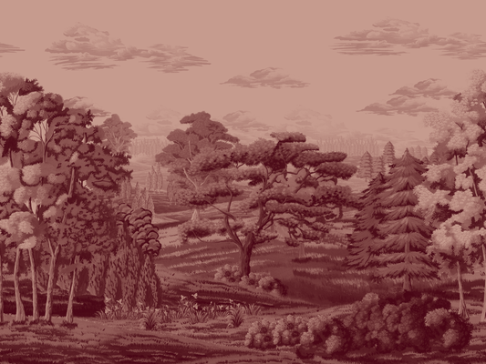 Vintage-style illustration of a forest landscape with trees and a sky.