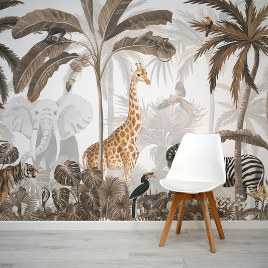 Jungle Jive Sepia Wallpaper In Room With White Chair
