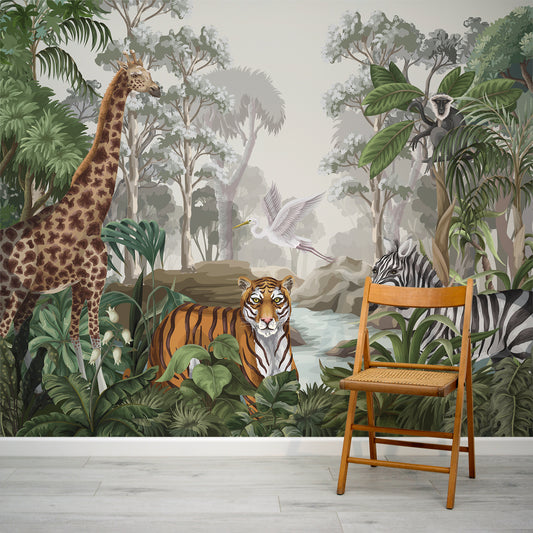 Jungle Majesty Wallpaper With Wooden Chair