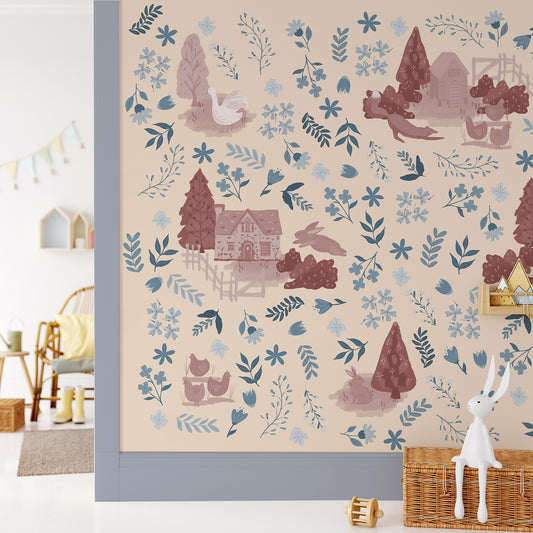 Juniper Berry Wallpaper in a Blue and Red Nursery with a Rabbit on a Basket