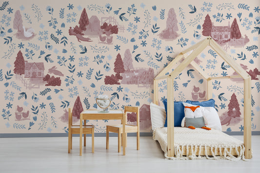 Juniper Berry Wallpaper in Red and Blue with a Children's Bed and Table Set