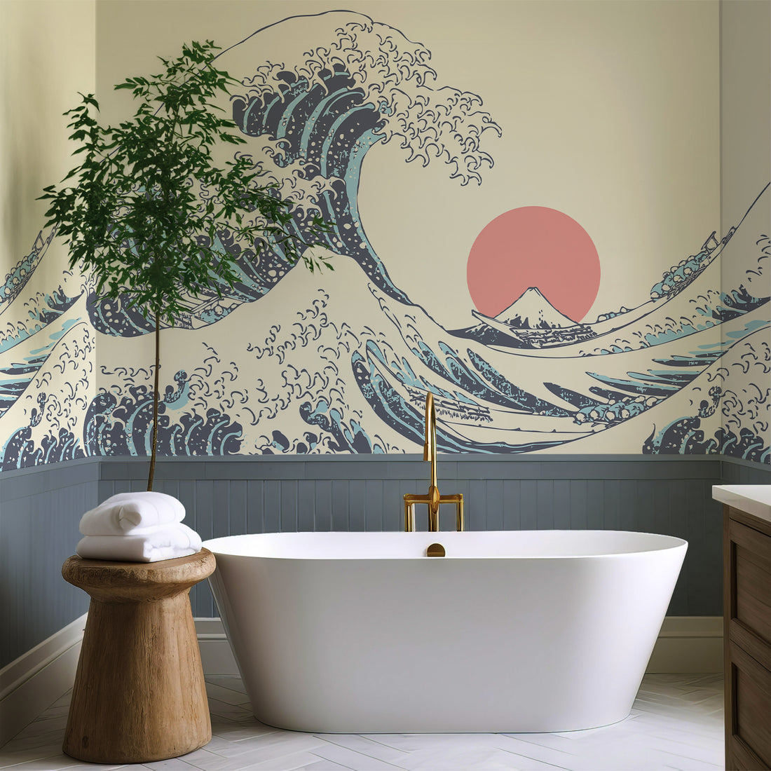Papier Peint Fresque Grande Vague d'Inspiration Japonaise - Removable Vinyl (Peel & Stick)