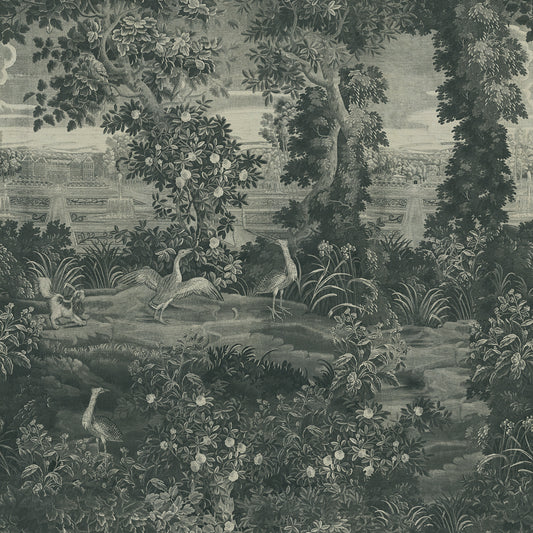 Katharine Indigo Wallpaper vintage-style illustration of a natural landscape with animals and foliage.
