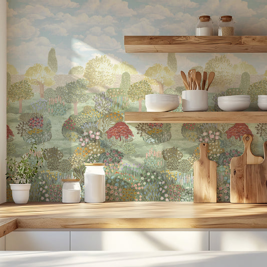 Kitchen with wooden shelves and a nature-themed wallpaper