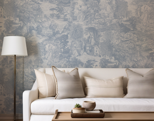 Kitty - French Blue Timeless Romantic Toile Pattern Wallpaper Mural