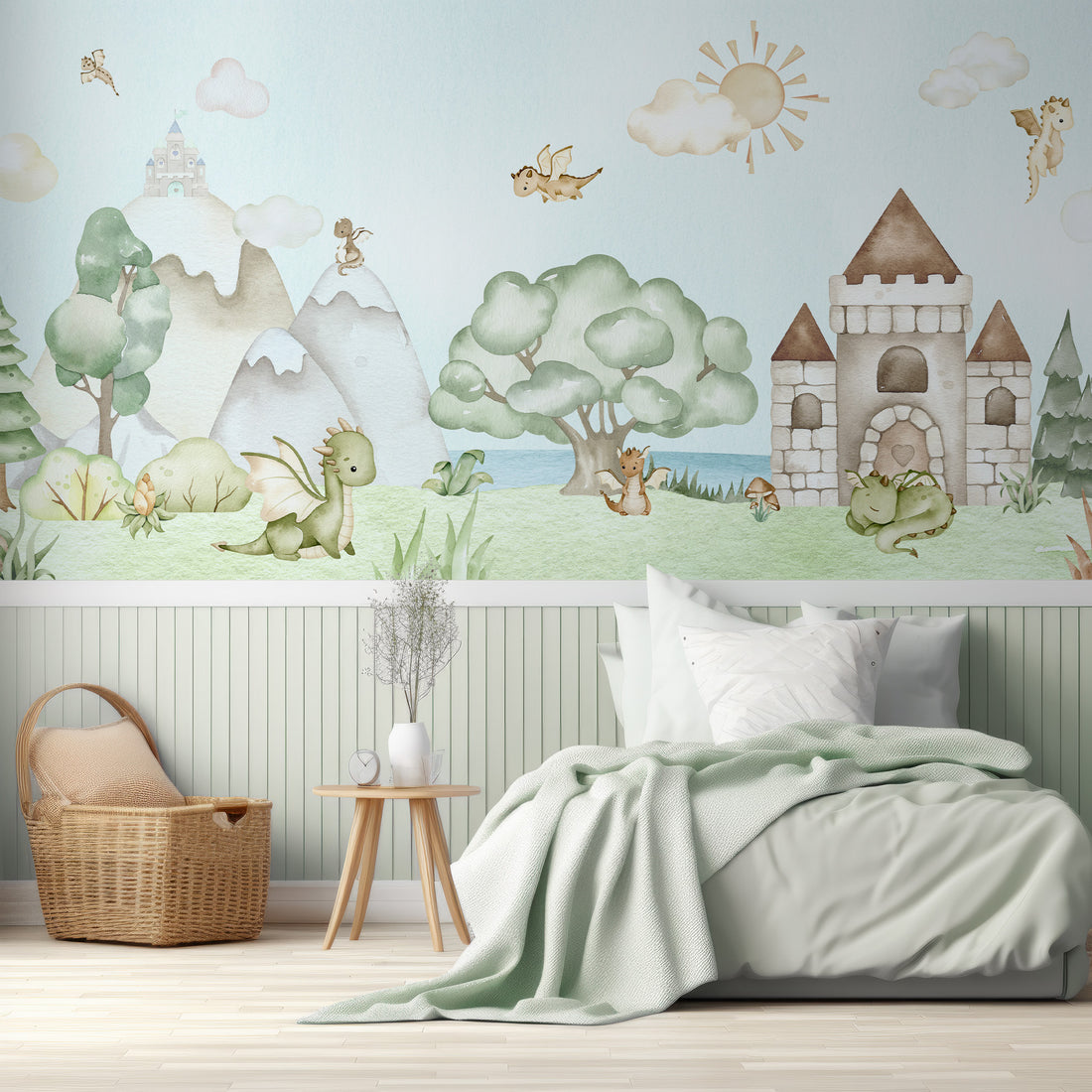 Papier peint panoramique aquarelle Illustration dragon de livre d'histoire - Removable Vinyl (Peel & Stick)