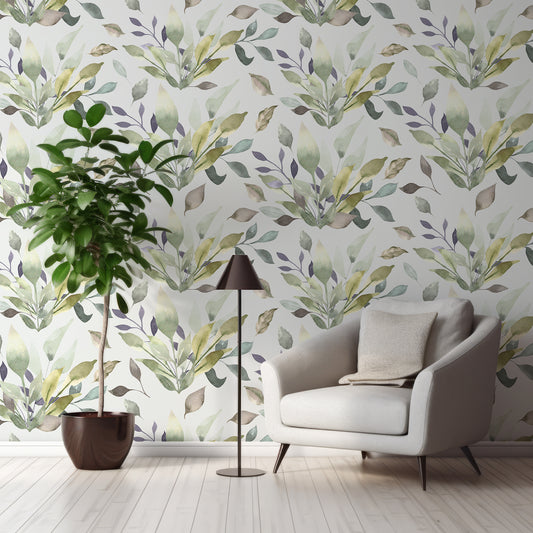 Leafy Kaleidoscope Wallpaper In Room With Grey Chair, Large Green Plant And Black Lamp