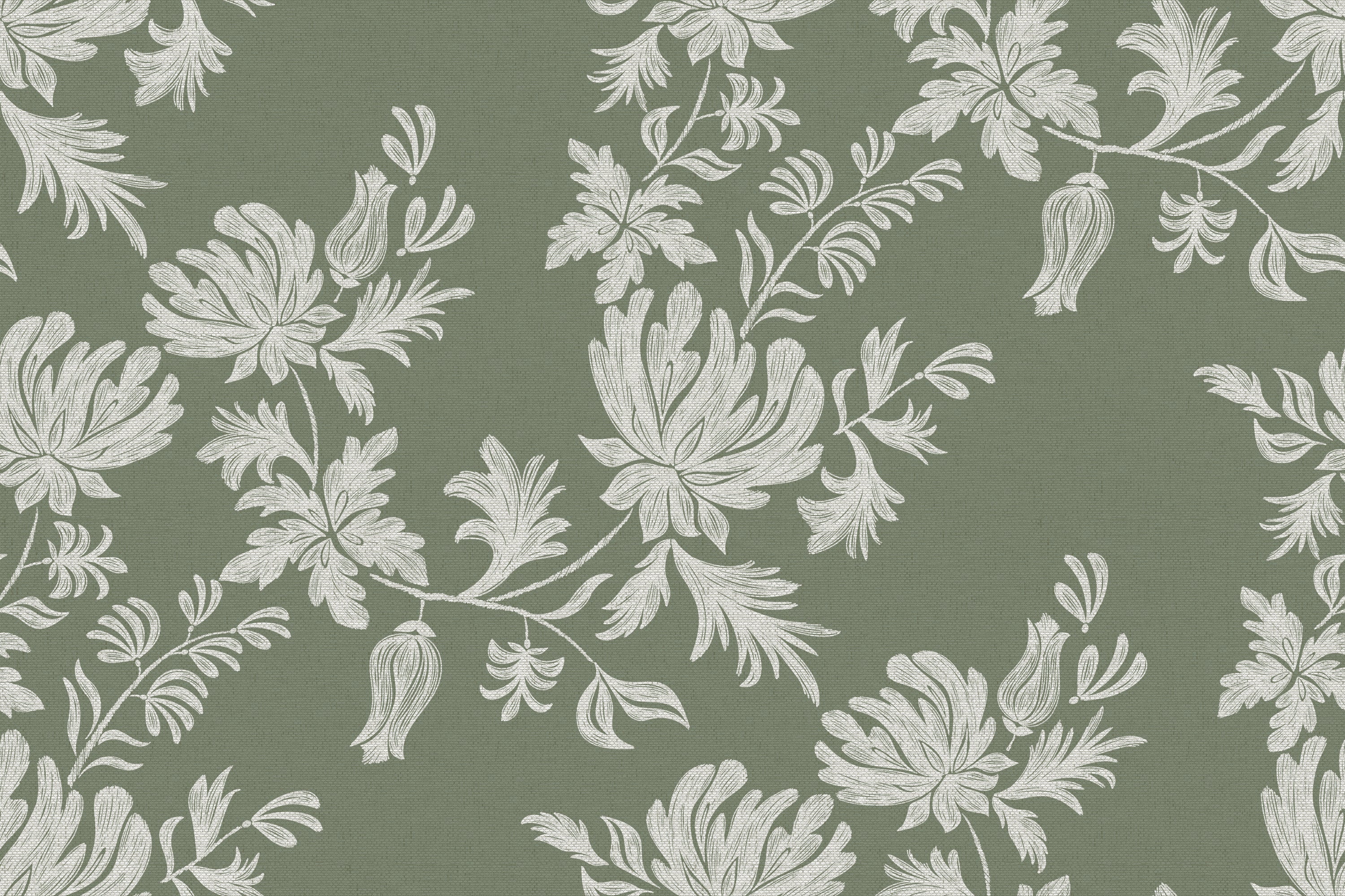 Floral pattern with white leaves on a green background