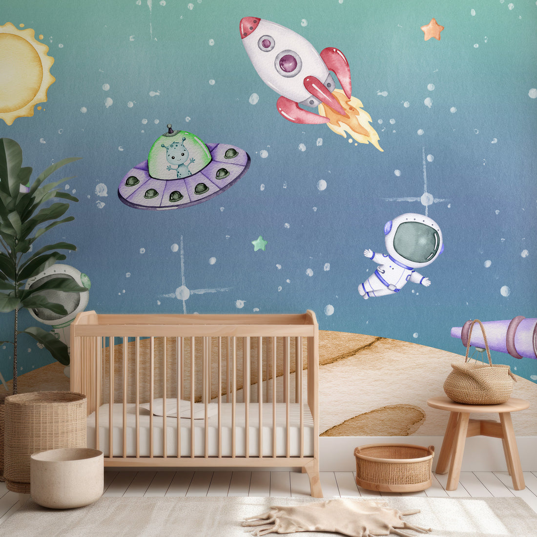 Papier peint panoramique aquarelle astronaute de l'espace pour enfants - Traditional Wallpaper (Paste-the-wall)
