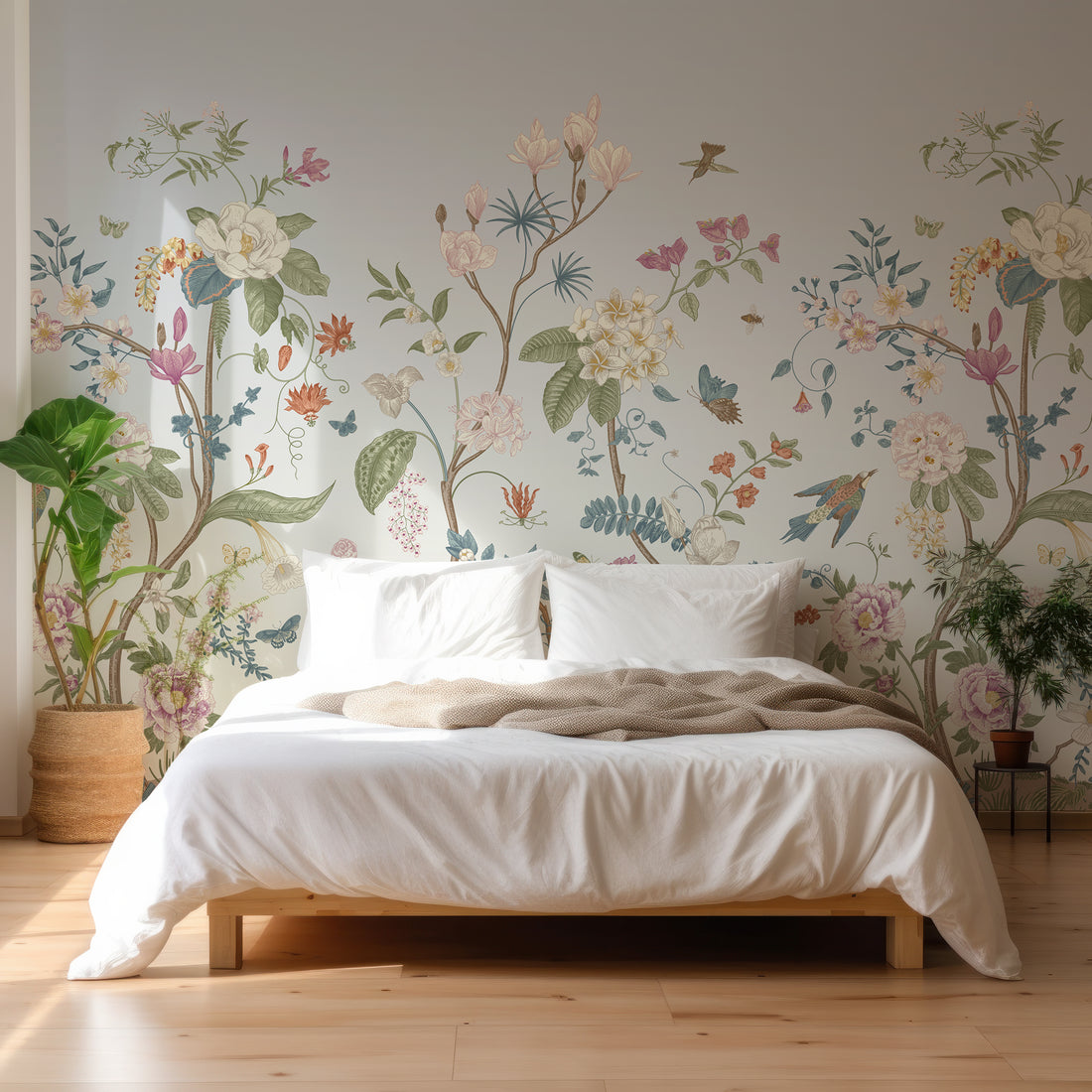 Papier peint panoramique victorien botanique violet clair, plantes, fleurs et oiseaux - Removable Wallpaper (Peel & Stick)