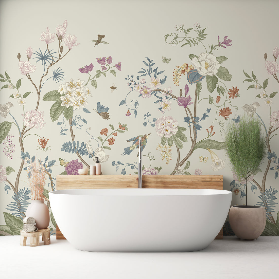 Papier peint panoramique végétal victorien vert Plantes, fleurs et oiseaux - Removable Wallpaper (Peel & Stick)