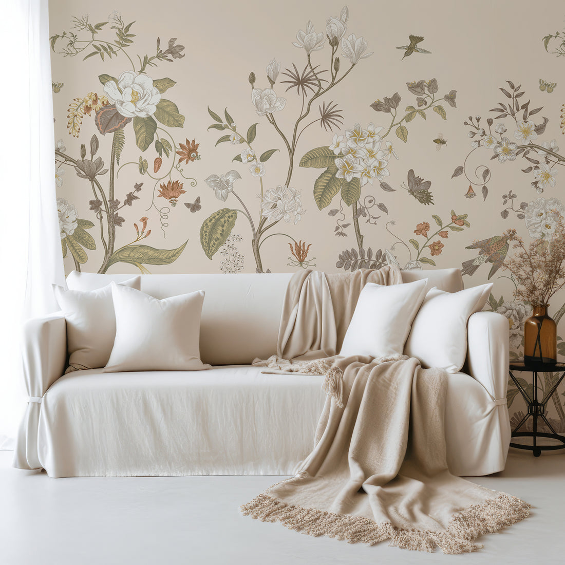 Papier peint panoramique beige botanique victorien Plantes, fleurs et oiseaux - Removable Wallpaper (Peel & Stick)